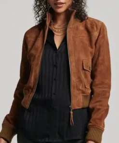 Jaycie Womens Genuine Suede Leather Brown Bomber Jacket