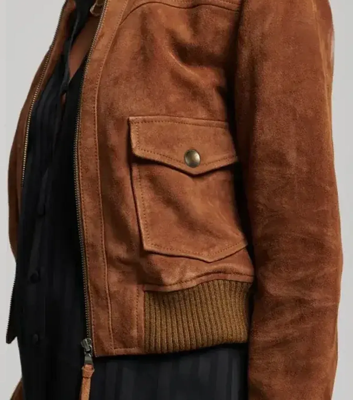 Jaycie Womens Genuine Suede Leather Brown Bomber Jacket - Image 3