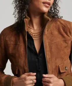Alternative view of Jaycie Womens Genuine Suede Leather Brown Bomber Jacket