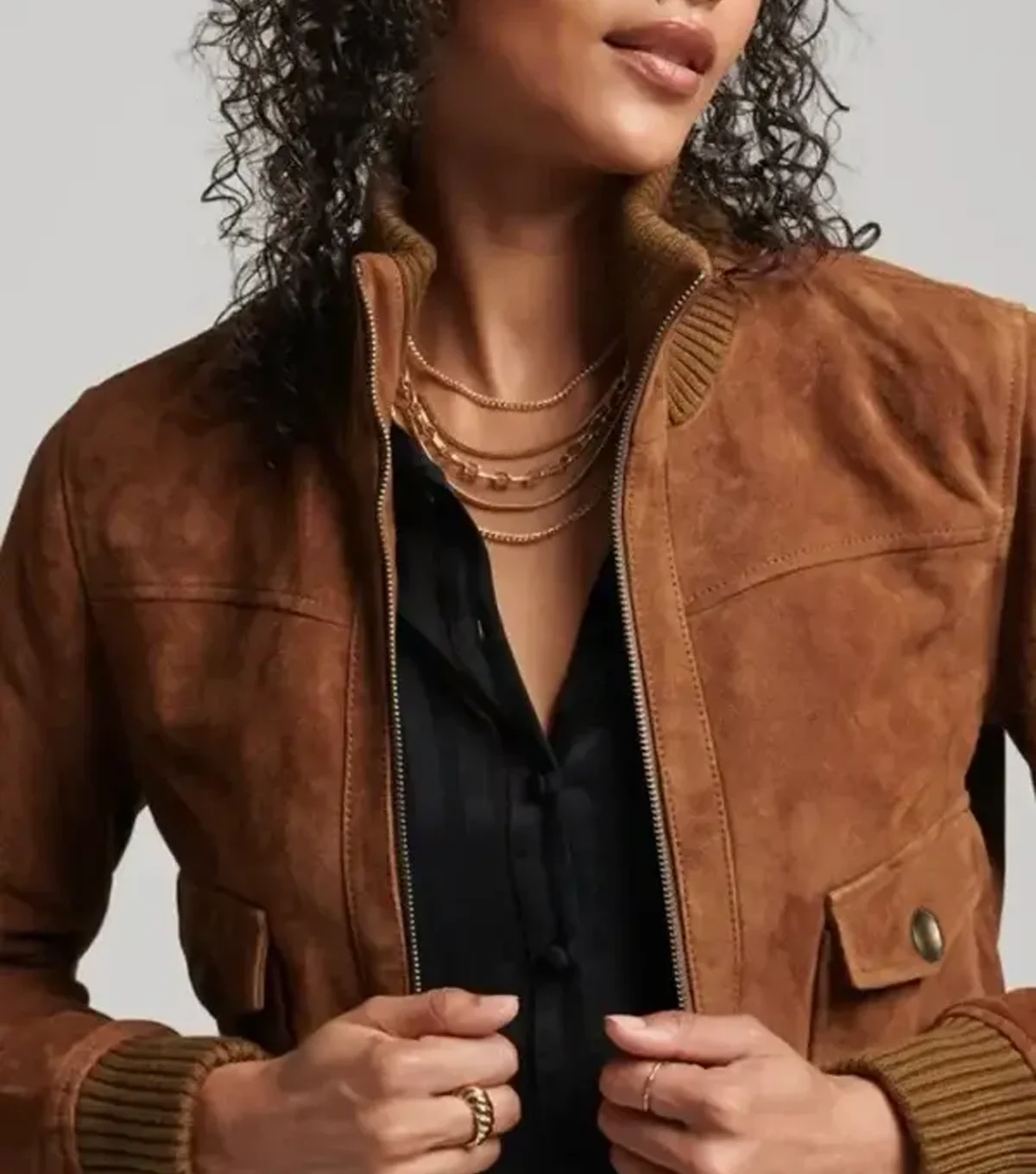 Jaycie Womens Genuine Suede Leather Brown Bomber Jacket - Image 2