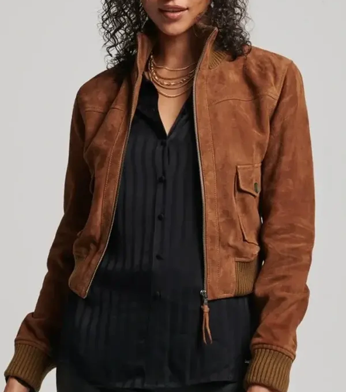 Jaycie Womens Genuine Suede Leather Brown Bomber Jacket