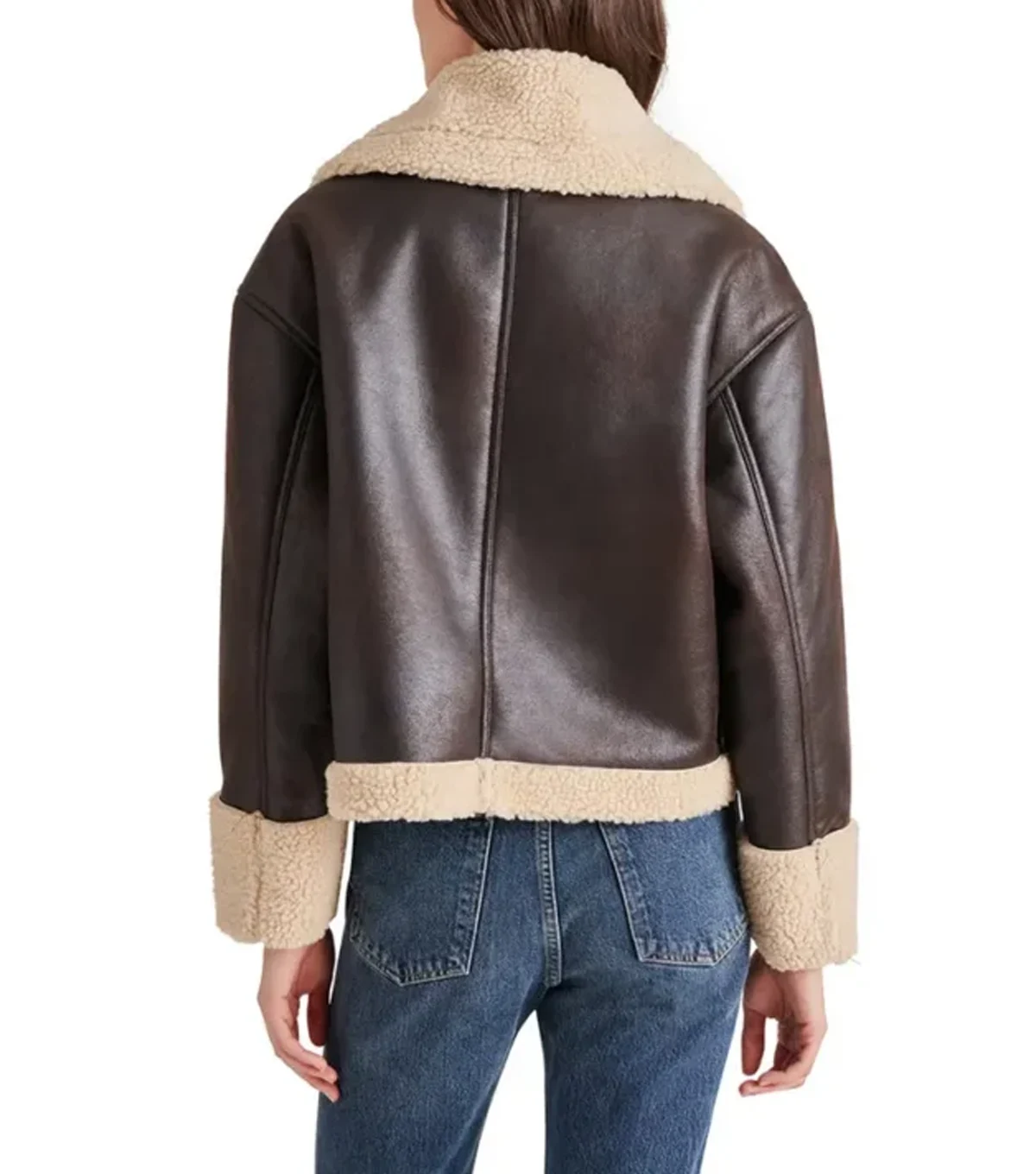 Jocelyn Womens Plain Brown Leather Shearling Aviator Jacket - Image 4