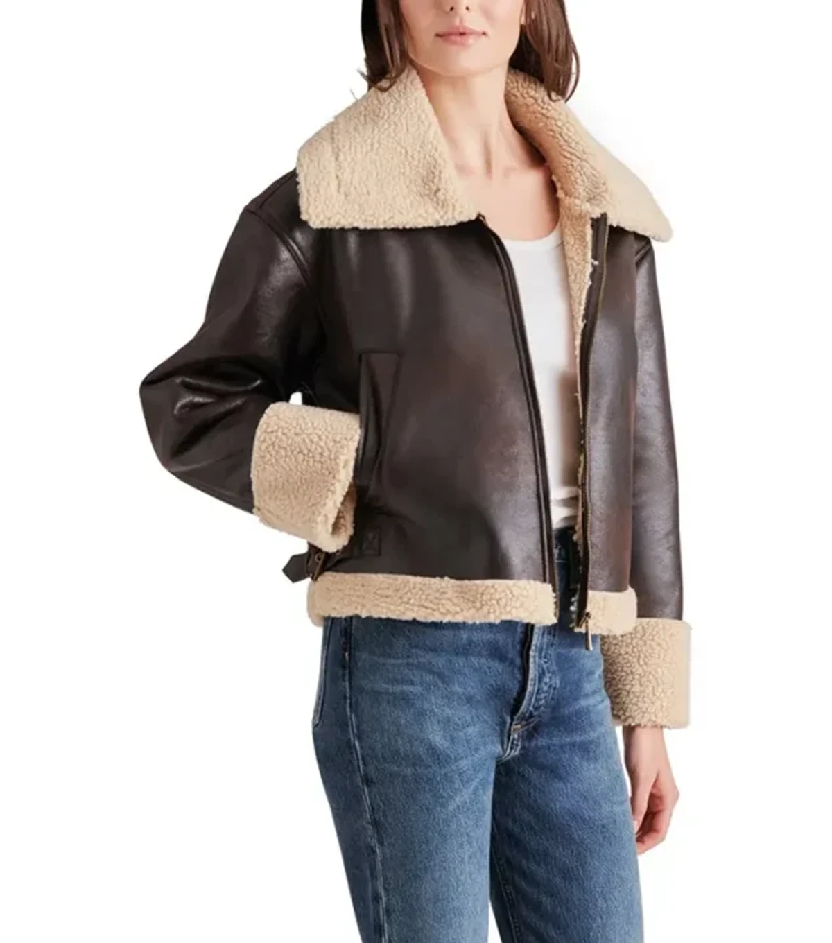 Jocelyn Womens Plain Brown Leather Shearling Aviator Jacket - Image 3