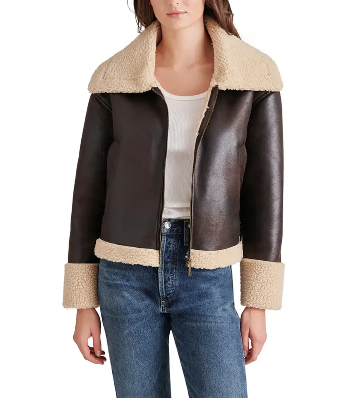 Jocelyn Womens Plain Brown Leather Shearling Aviator Jacket - Image 2