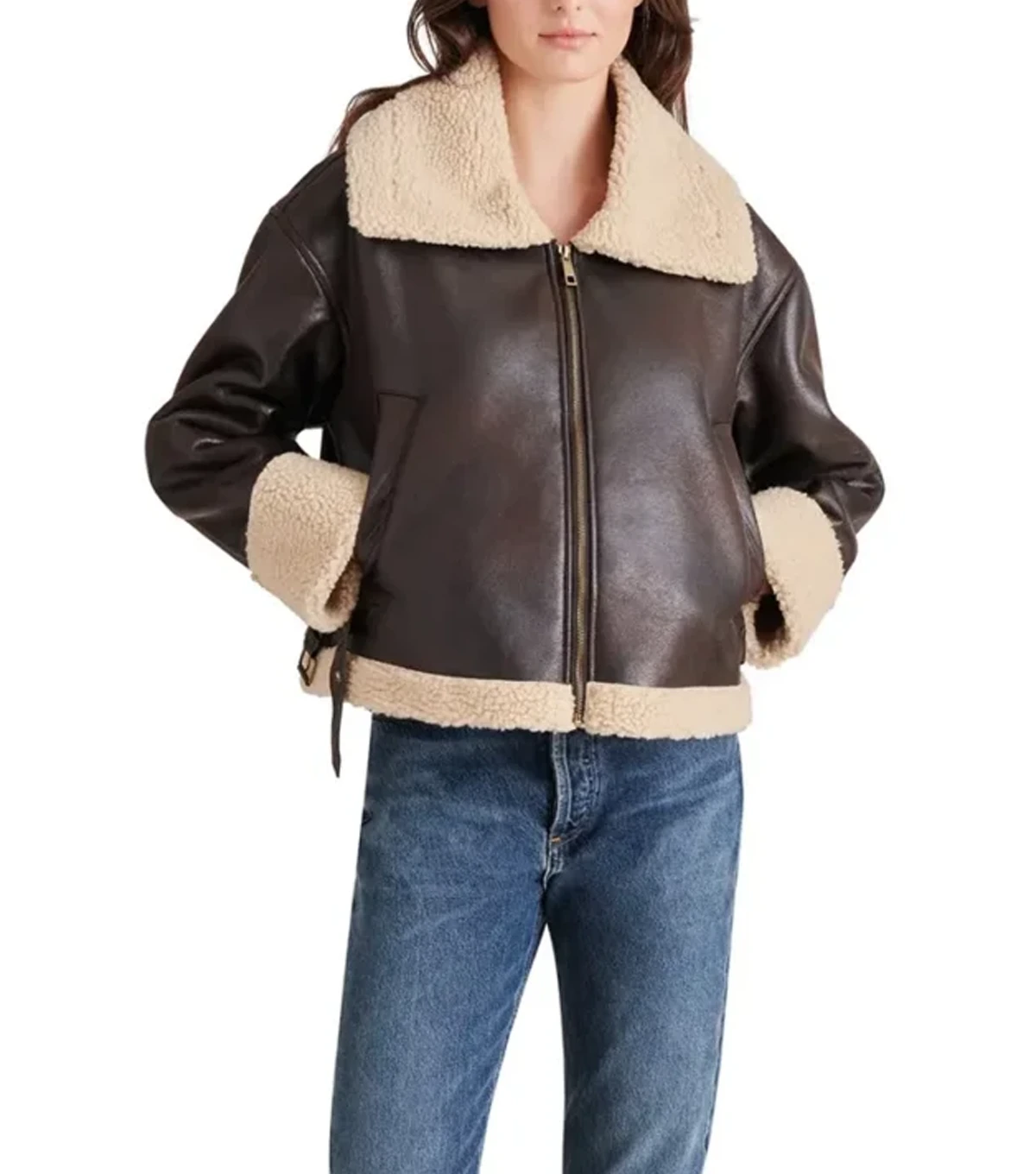 Jocelyn Womens Plain Brown Leather Shearling Aviator Jacket