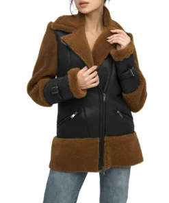 Kai Womens Brown Shearling Leather Aviator Black Coat Jacket