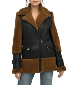 Alternative view of Kai Womens Brown Shearling Leather Aviator Black Coat Jacket