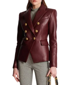 Kailiah Womens Double Breasted Maroon Leather Blazer