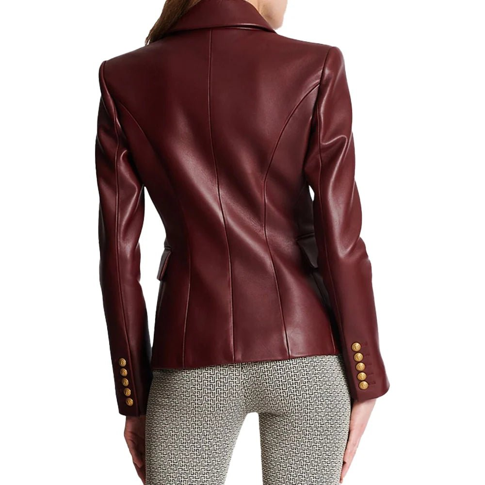 Kailiah Womens Double Breasted Maroon Leather Blazer - Image 5