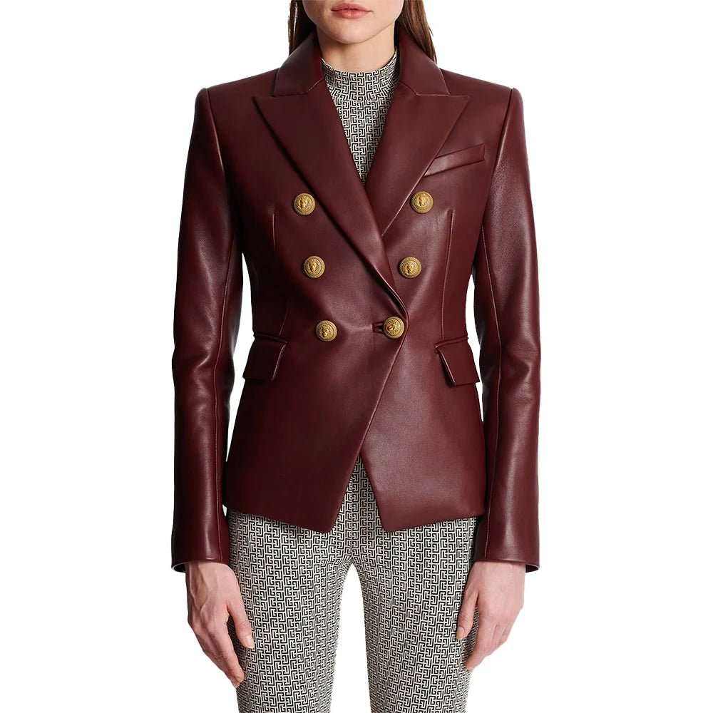 Kailiah Womens Double Breasted Maroon Leather Blazer - Image 3