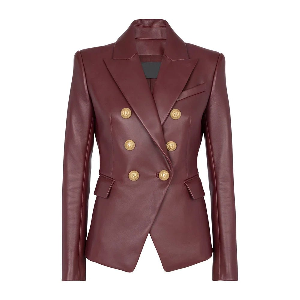Kailiah Womens Double Breasted Maroon Leather Blazer - Image 2