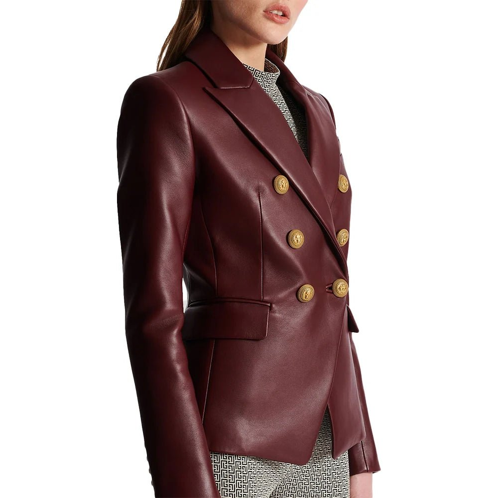 Kailiah Womens Double Breasted Maroon Leather Blazer - Image 4