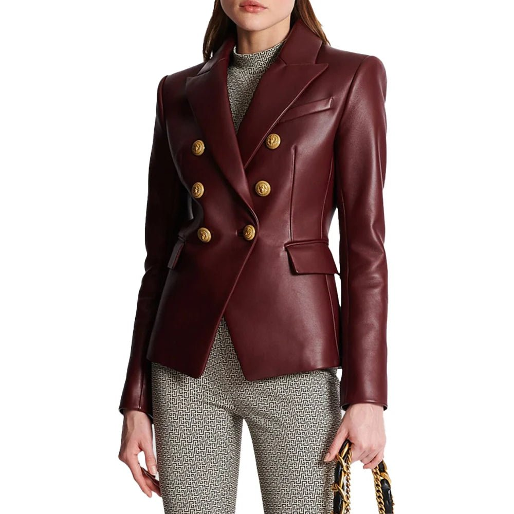 Kailiah Womens Double Breasted Maroon Leather Blazer