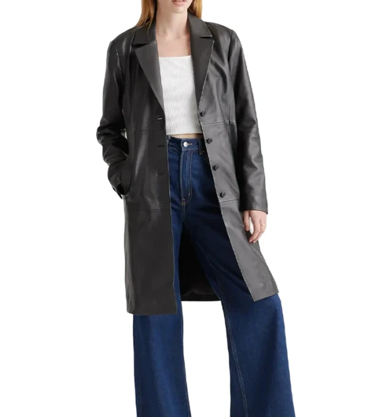 Kendyl Womens Single Breasted Leather Black Long Coat - Image 3