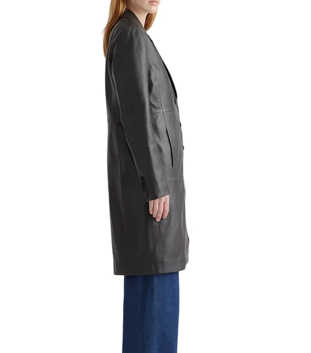 Kendyl Womens Single Breasted Leather Black Long Coat - Image 2