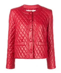 Khloe Womens Collarless Diamond Quilted Red Leather Jacket