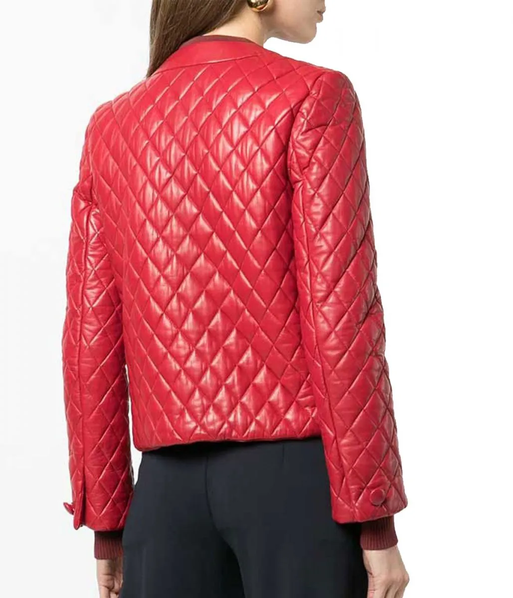 Khloe Womens Collarless Diamond Quilted Red Leather Jacket - Image 4