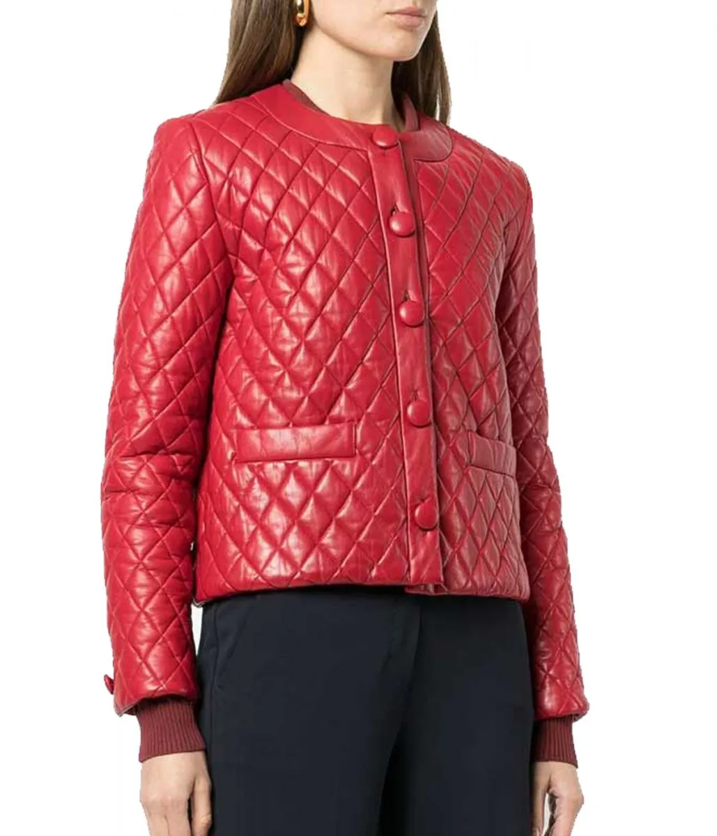Khloe Womens Collarless Diamond Quilted Red Leather Jacket - Image 3