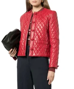 Alternative view of Khloe Womens Collarless Diamond Quilted Red Leather Jacket