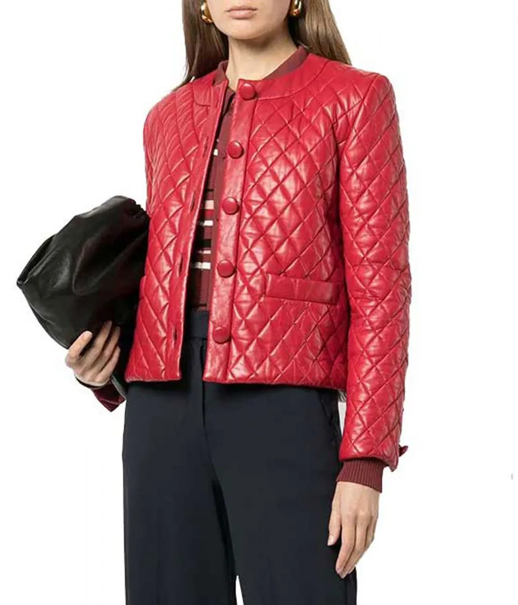 Khloe Womens Collarless Diamond Quilted Red Leather Jacket - Image 2