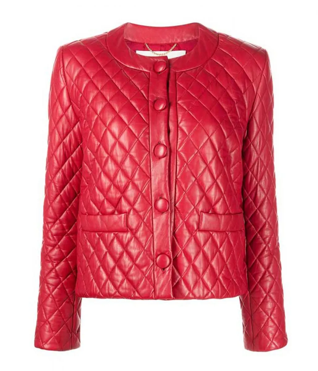 Khloe Womens Collarless Diamond Quilted Red Leather Jacket