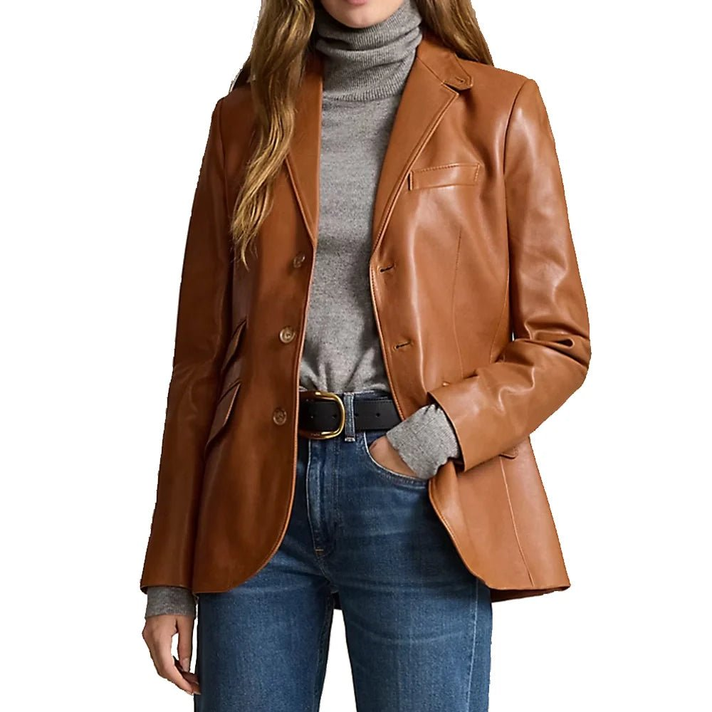 Kieran Womens Brown Leather Blazer - Image 3