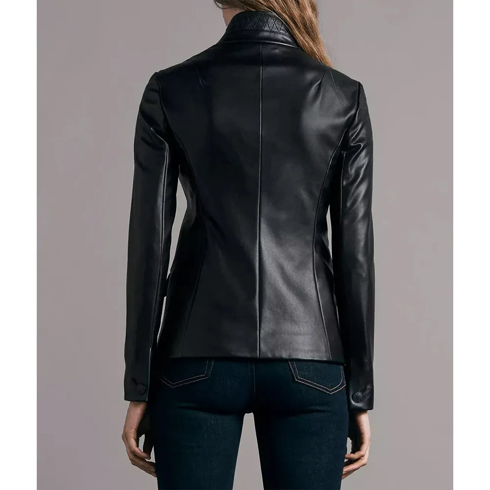 Kourtney Womens Multiple Pockets Black Lambskin Leather Blazer - Image 4