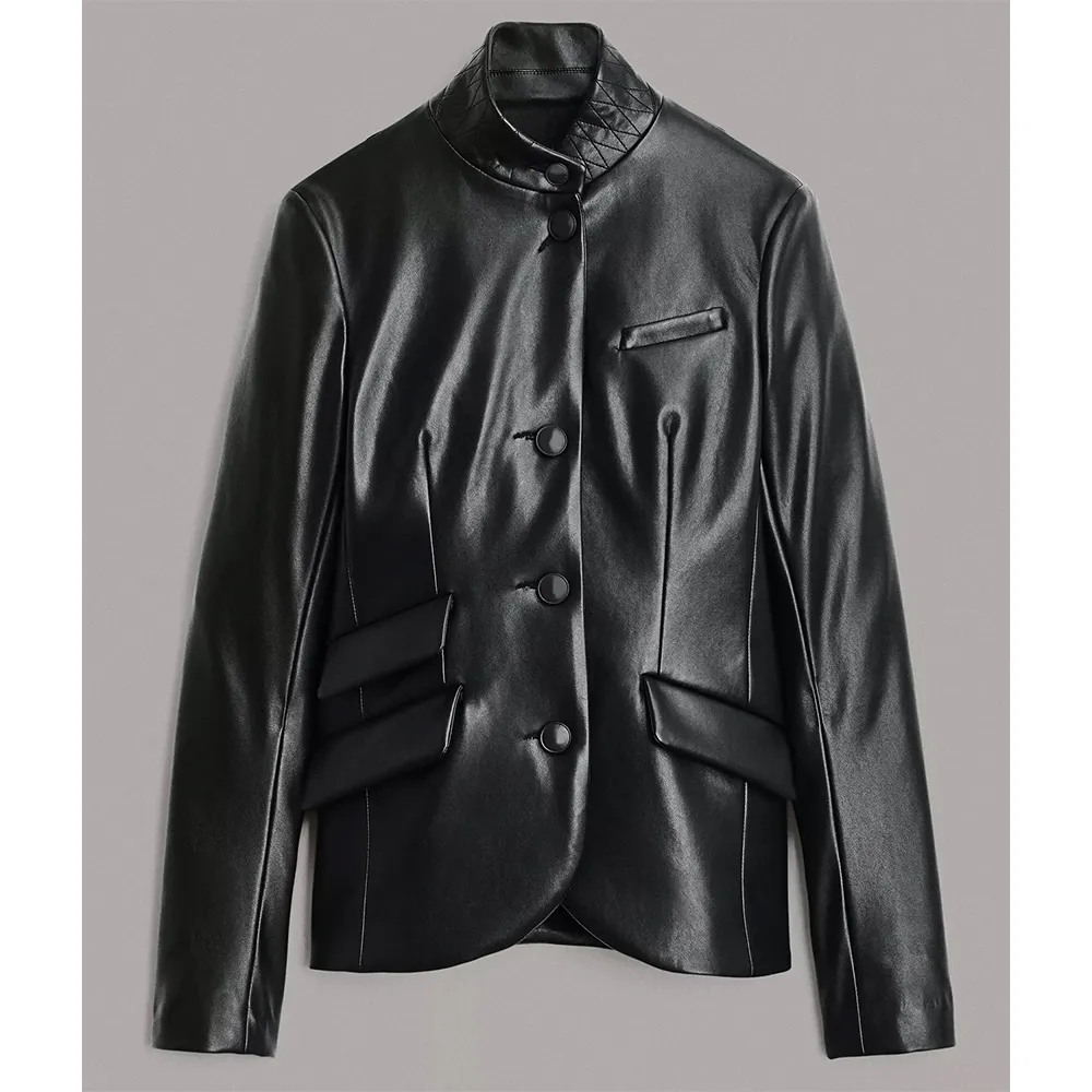 Kourtney Womens Multiple Pockets Black Lambskin Leather Blazer - Image 3