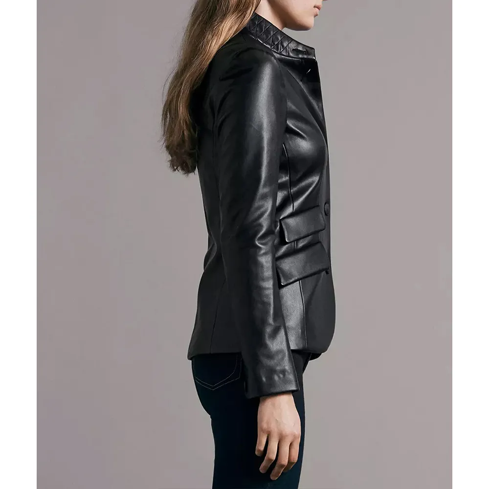 Kourtney Womens Multiple Pockets Black Lambskin Leather Blazer - Image 2