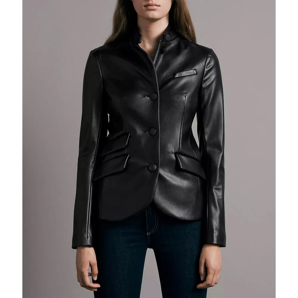 Kourtney Womens Multiple Pockets Black Lambskin Leather Blazer
