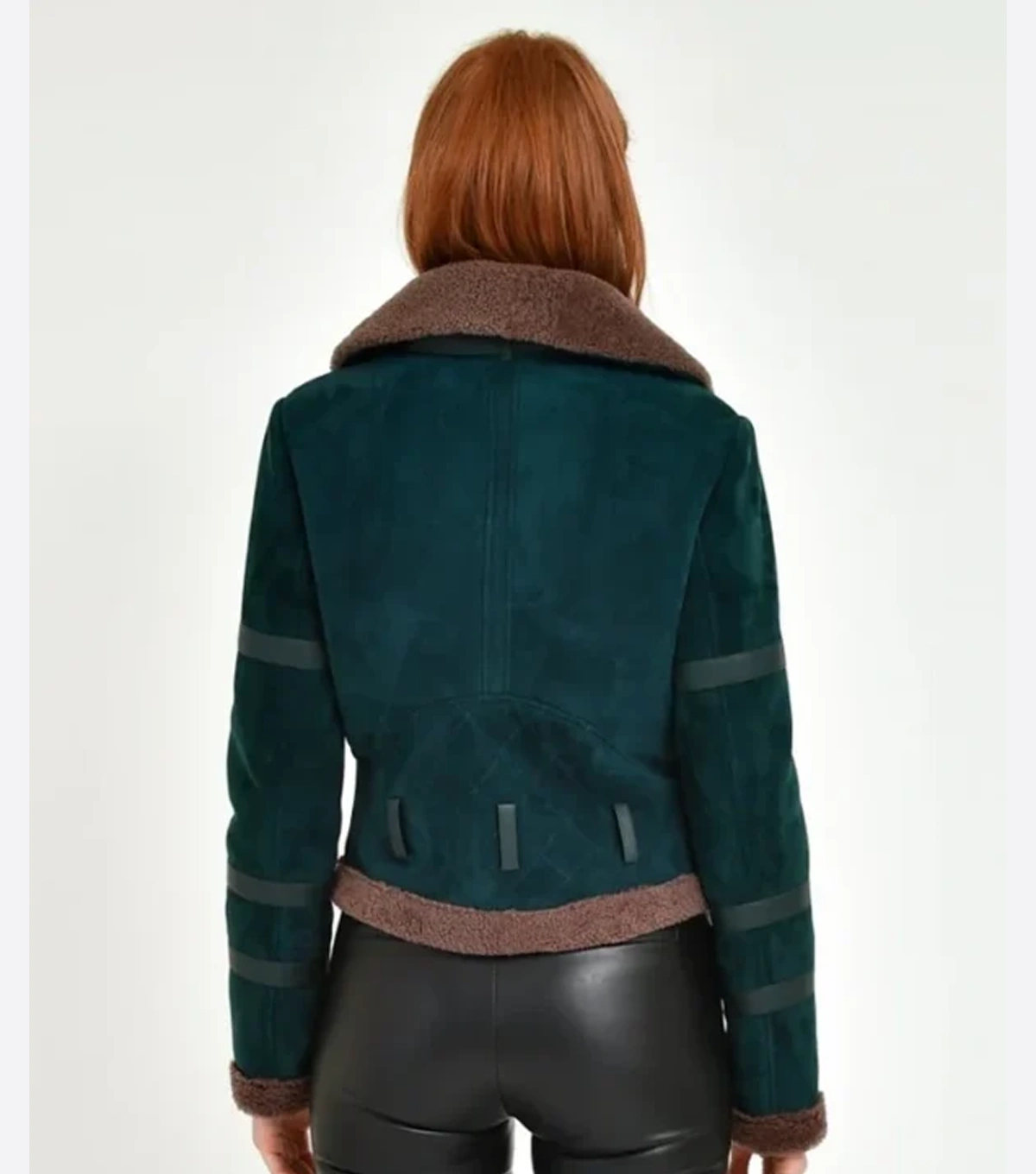 Laura Womens Shearling Aviator Dark Green Suede Leather Jacket - Image 4
