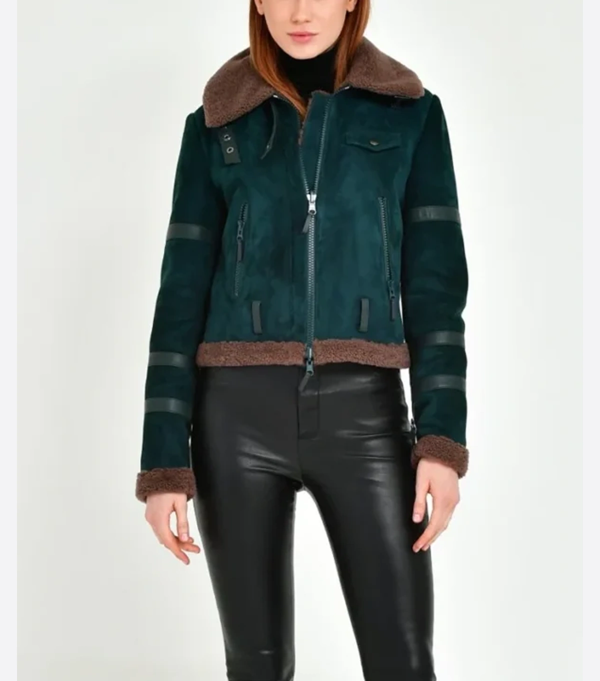 Laura Womens Shearling Aviator Dark Green Suede Leather Jacket - Image 2