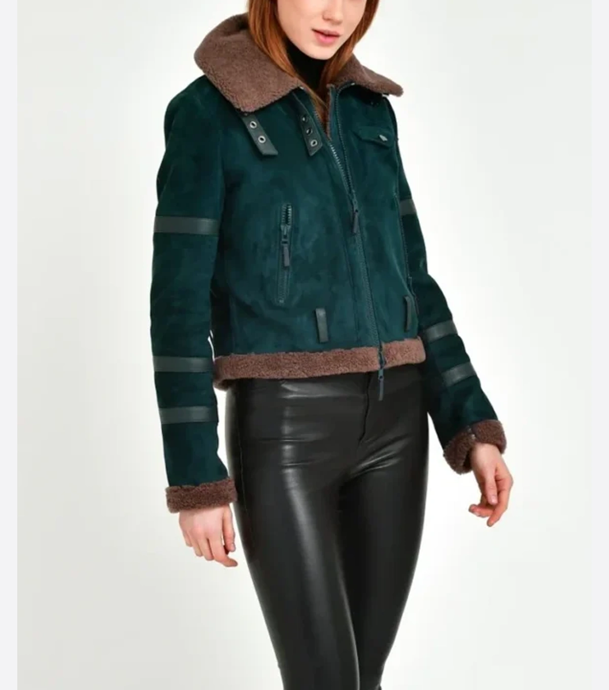 Laura Womens Shearling Aviator Dark Green Suede Leather Jacket - Image 3