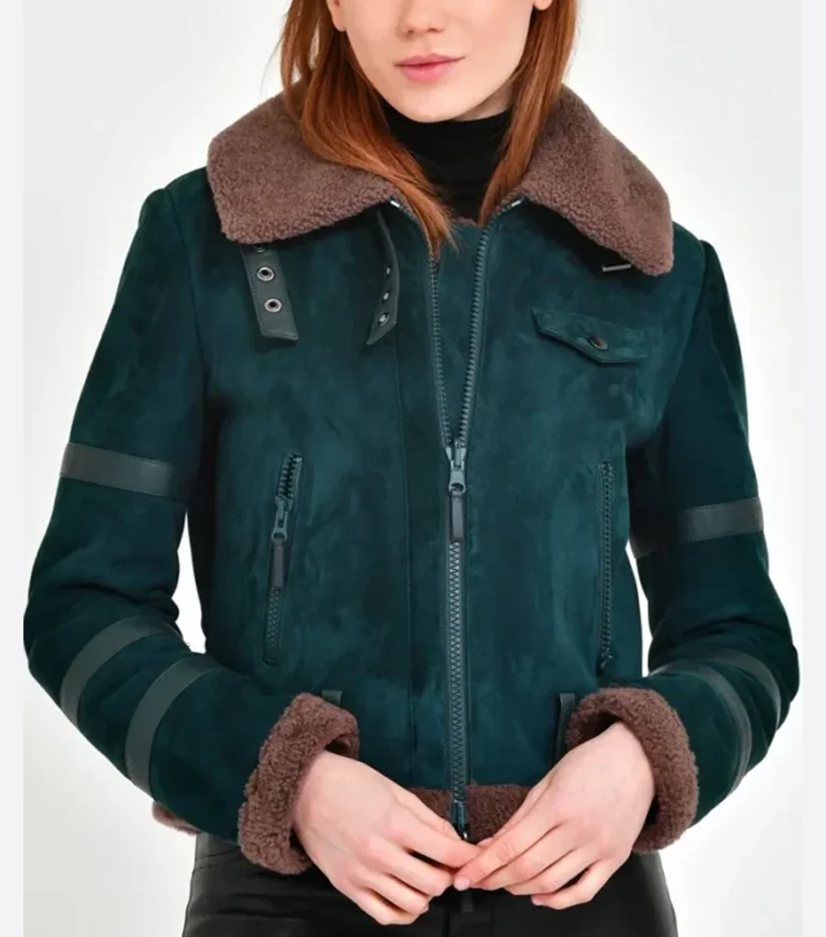 Laura Womens Shearling Aviator Dark Green Suede Leather Jacket
