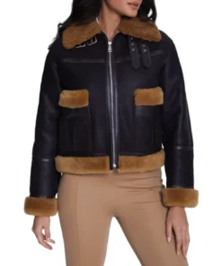 Lexi Womens Shearling Brown Fur Trim Real Leather Jacket