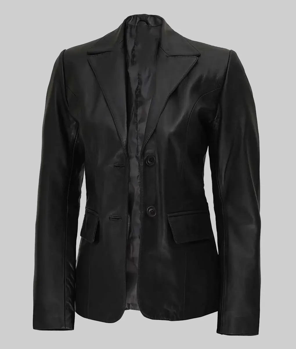 Lindsey Womens Plain Black Leather Blazer - Image 2