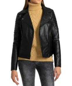 Loretta Womens Black Quilted Shoulder Leather Biker Jacket