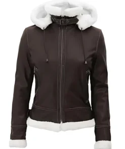 Maddy Womens Dark Brown Leather Hooded Shearling Jacket