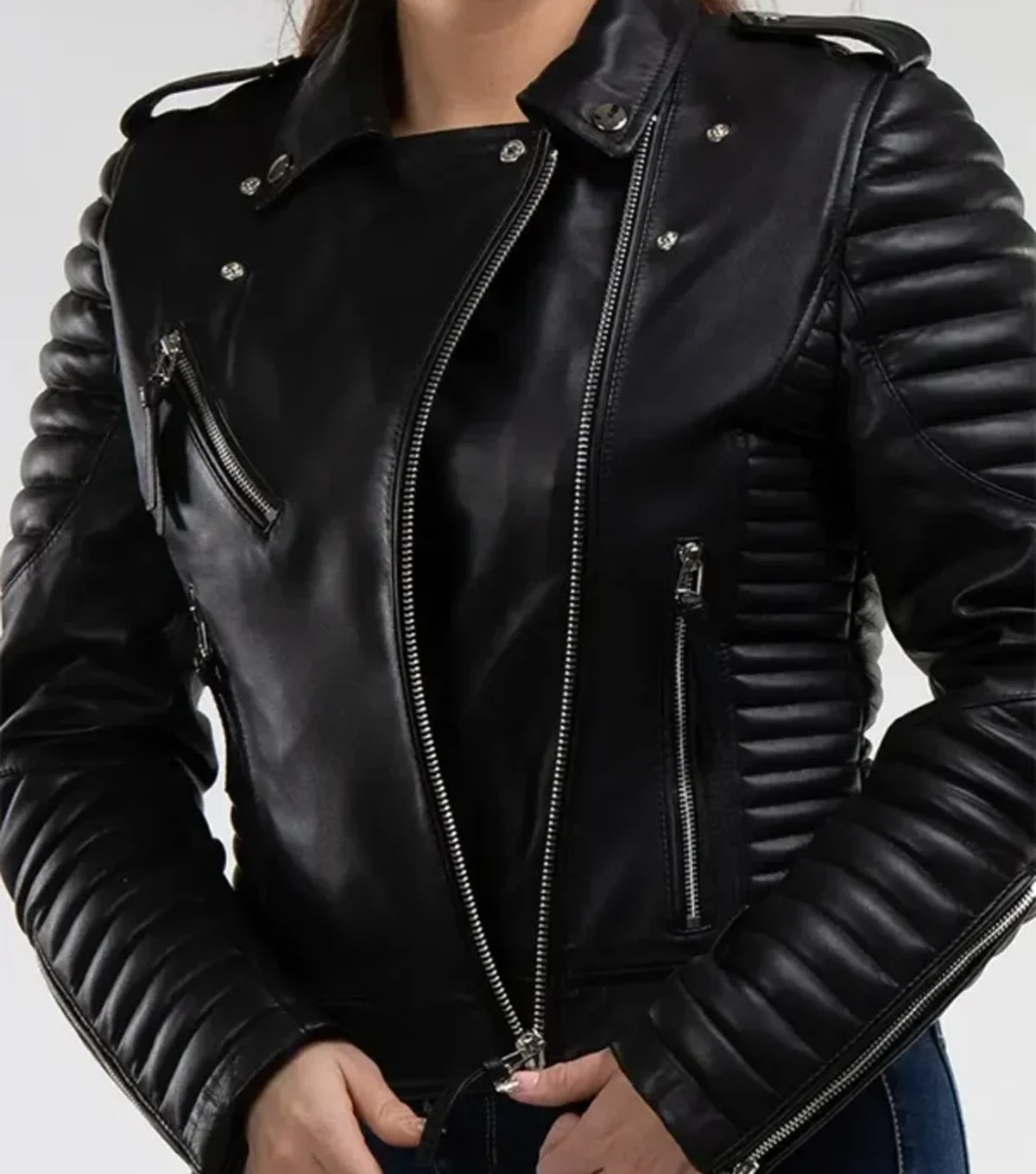 Madyson Womens Quilted Sleeves Black Biker Leather Jacket - Image 3