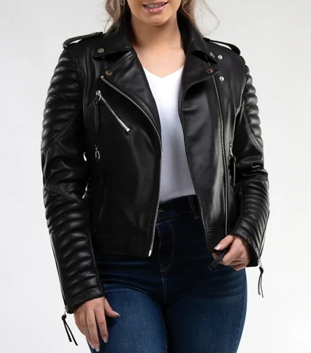 Madyson Womens Quilted Sleeves Black Biker Leather Jacket