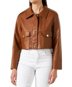Manuel Womens Big Flap Pockets Brown Cropped Leather Jacket