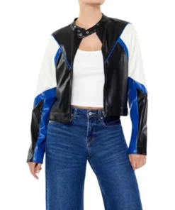 Marlie Womens Color Block Real Leather Biker Jacket