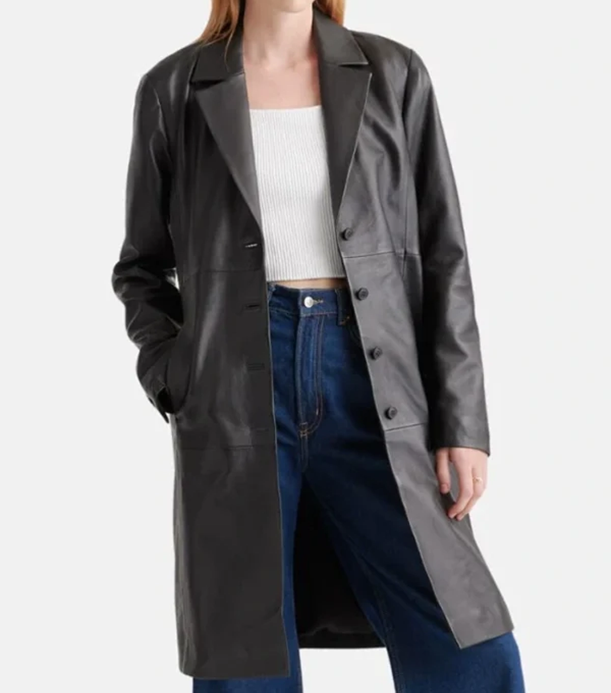 Megan Womens Black Leather Trench Coat - Image 3