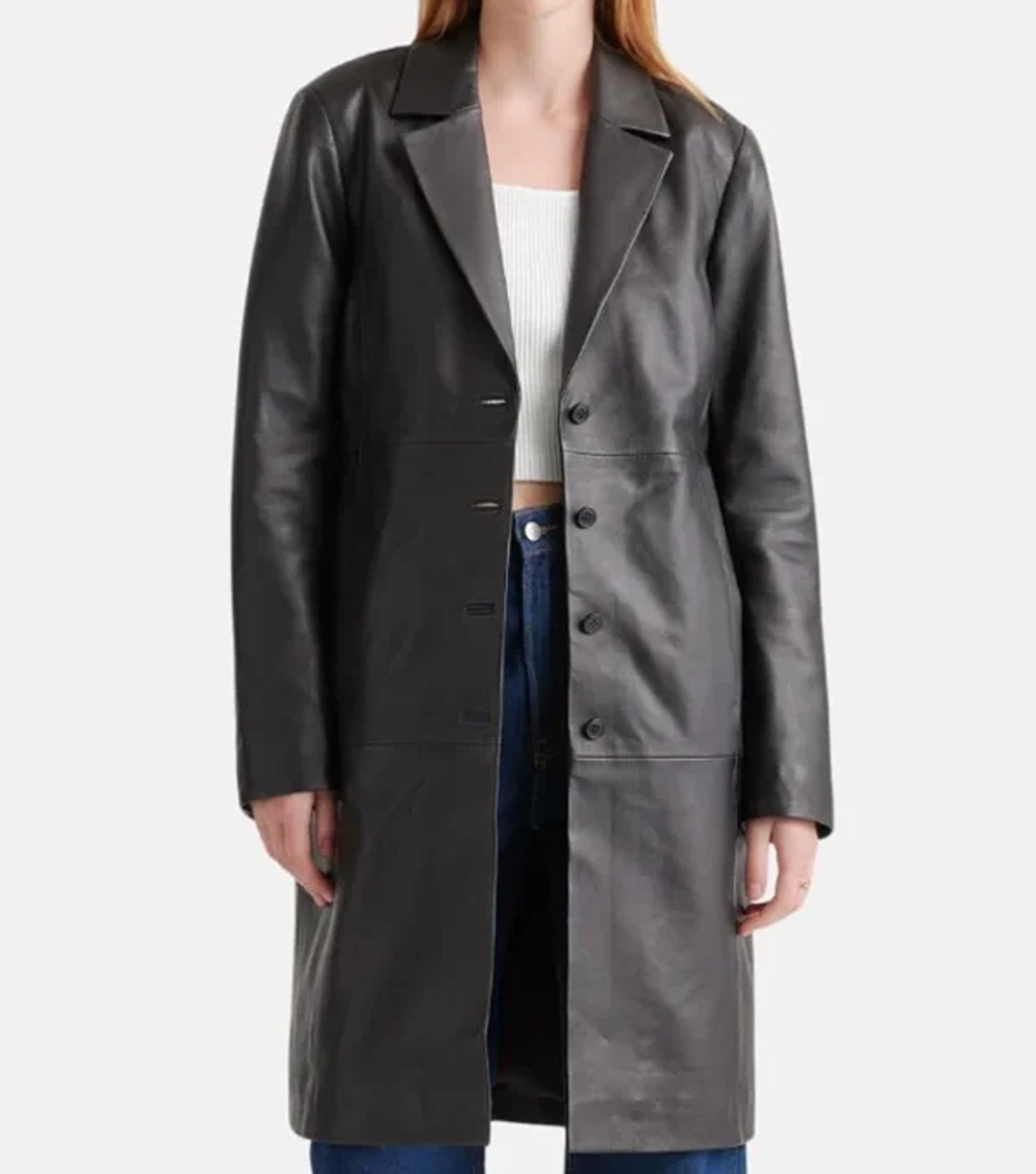 Megan Womens Black Leather Trench Coat