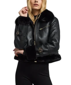 Nesha Womens Cropped Black Shearling Leather Aviator Jacket