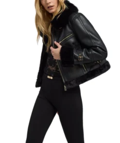 Alternative view of Nesha Womens Cropped Black Shearling Leather Aviator Jacket