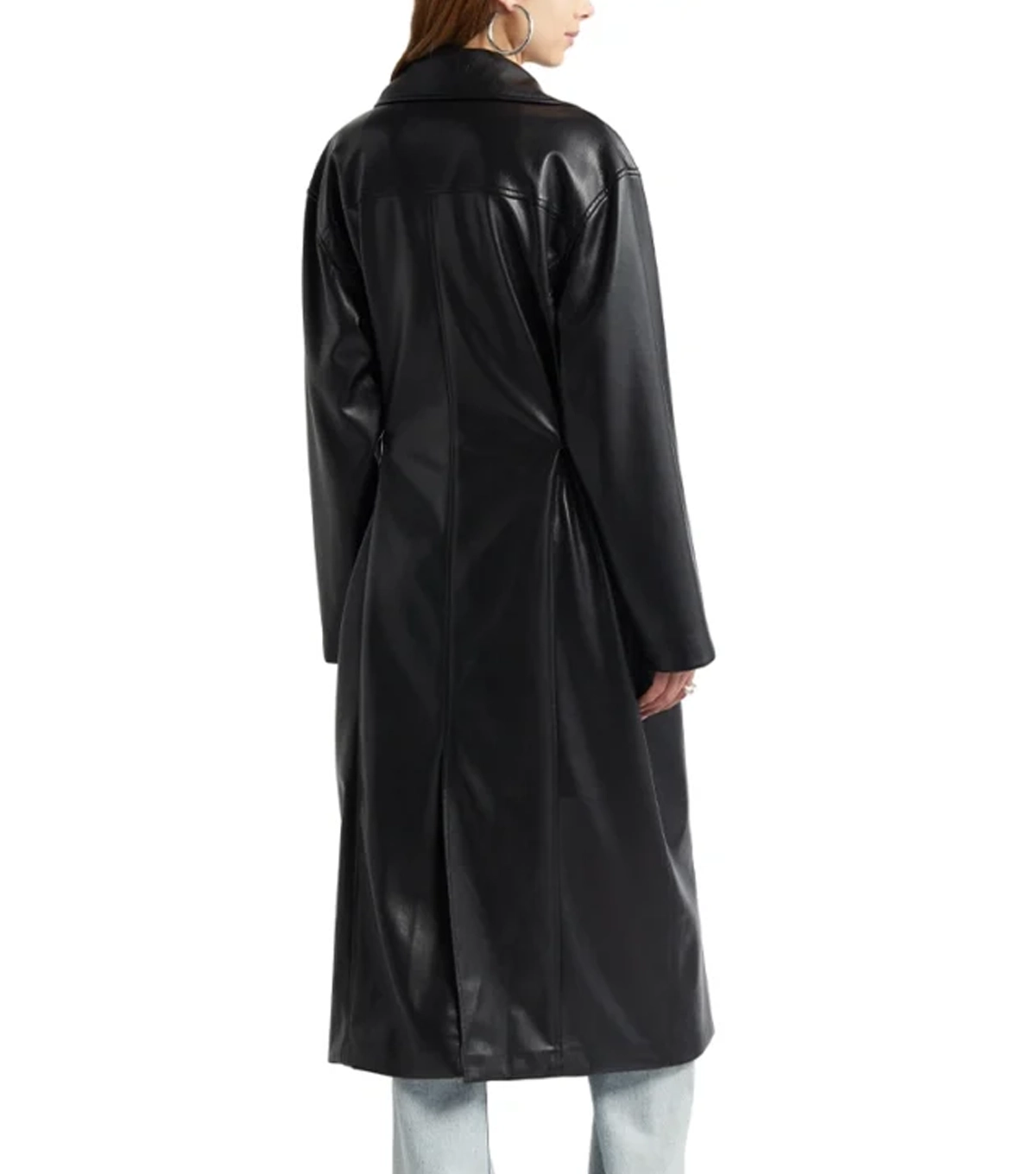 Nora Womens Belted Style Black Leather Long Coat - Image 5