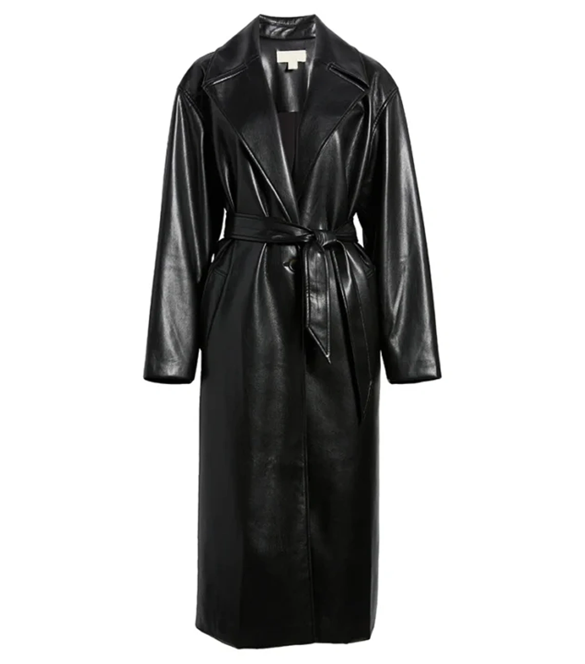 Nora Womens Belted Style Black Leather Long Coat - Image 4