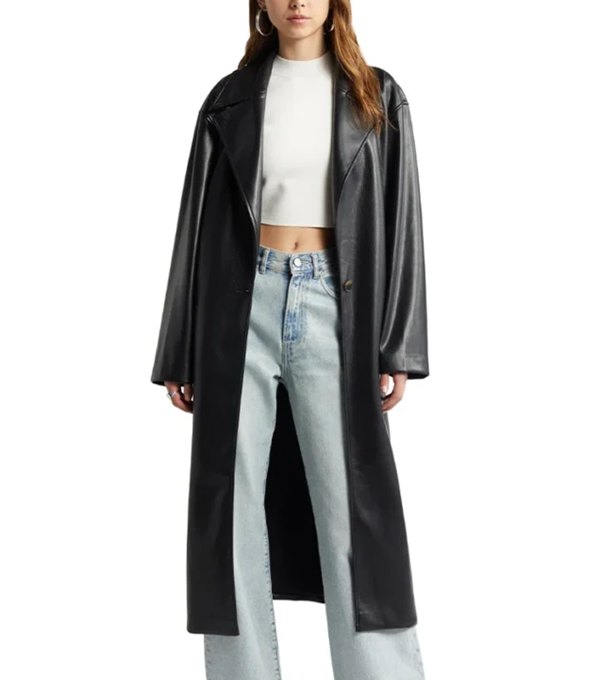 Nora Womens Belted Style Black Leather Long Coat - Image 3