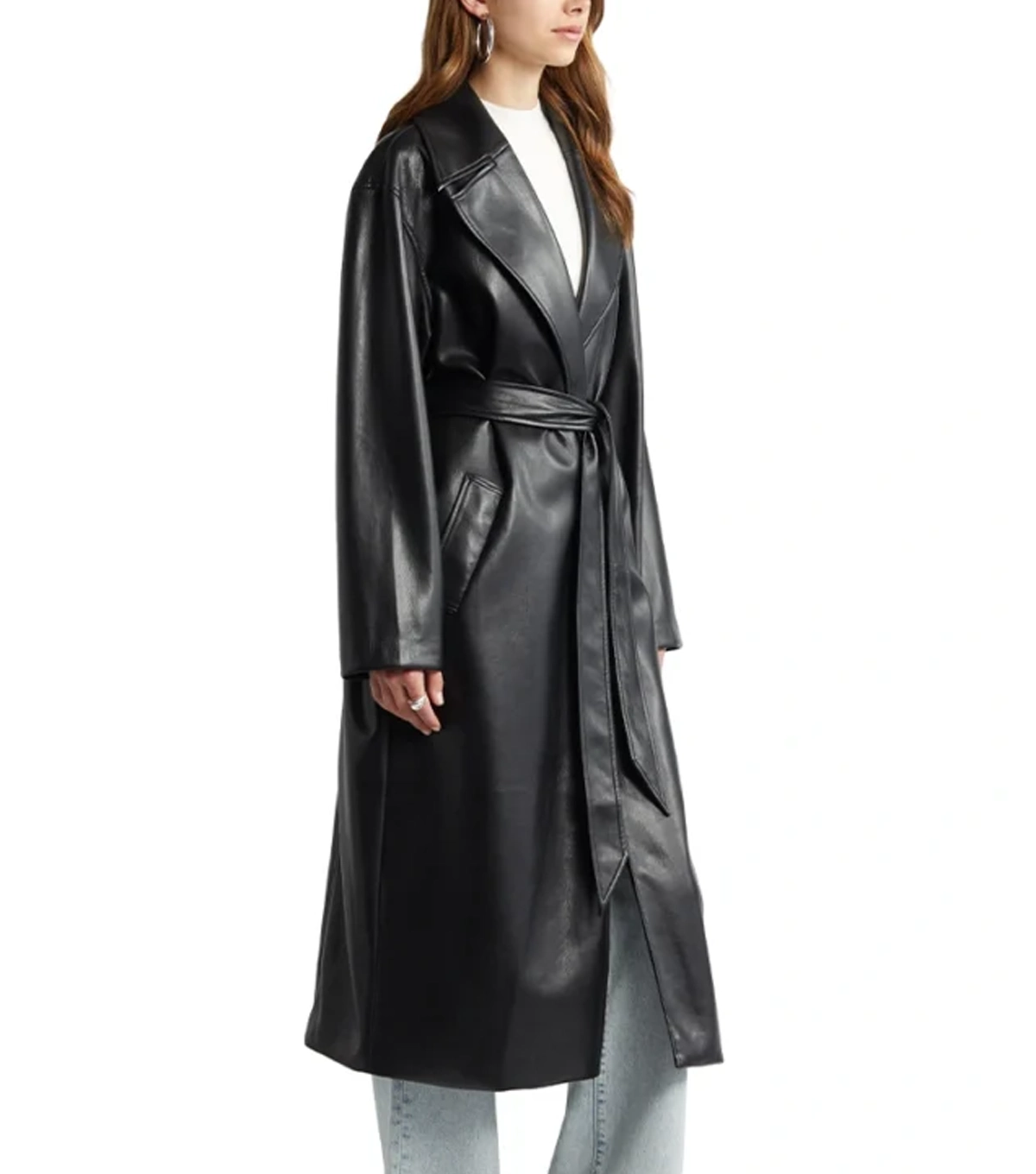 Nora Womens Belted Style Black Leather Long Coat - Image 2